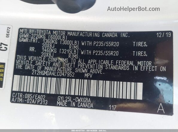 2T2HGMDA4LC047952 2020 LEXUS RX 450H White Շարժիչի բաժամունքի տեսք