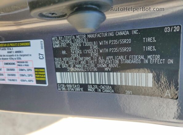 2T2HZMAA6LC170196 2020 LEXUS RX Угольный Панорамный вид салона 360°