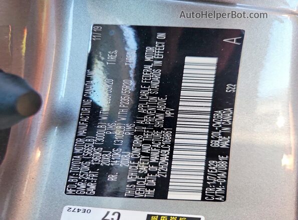 2T2HZMAA9LC160861 2020 LEXUS RX Silver VIN კოდის სტიკერის ხედი