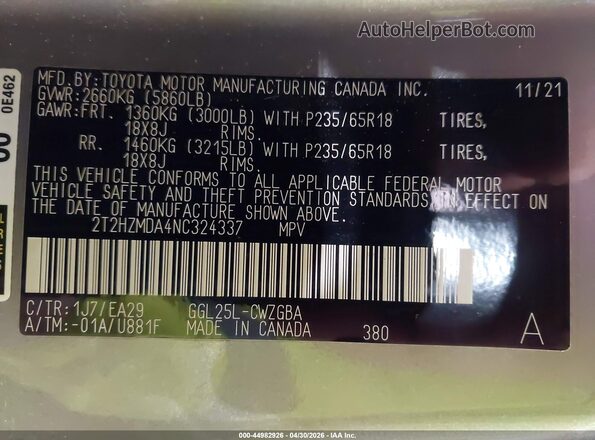 2T2HZMDA4NC324337 2022 LEXUS RX 350 Pewter Vista del compartimento del motor