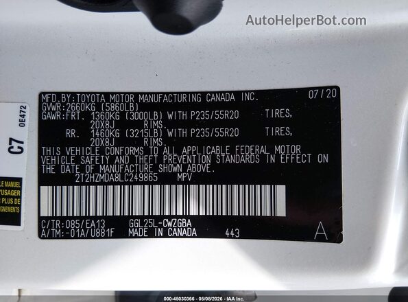 2T2HZMDA8LC249865 2020 LEXUS RX 350 White 
