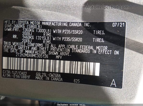 2T2HZMDA8MC305126 2021 LEXUS RX 350 Gray Vista del compartimento del motor
