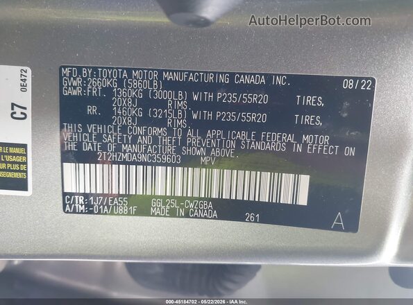 2T2HZMDA9NC359603 2022 LEXUS RX 350 Silver Engine compartment view