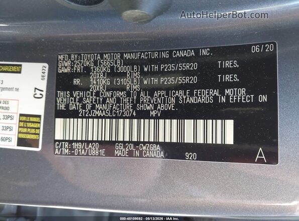 2T2JZMAA5LC173074 2020 LEXUS RX 350 Gray 