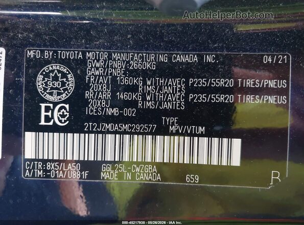 2T2JZMDA5MC292577 2021 LEXUS RX 350 Navy Widok komory silnika