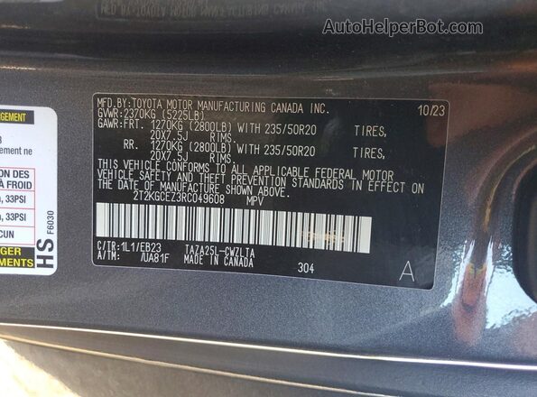 2T2KGCEZ3RC049608 2024 LEXUS NX Gray Вид наклейки з VIN-кодом