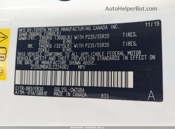 2T2SZMDA2LC224062 2020 LEXUS RX 350 White Engine compartment view
