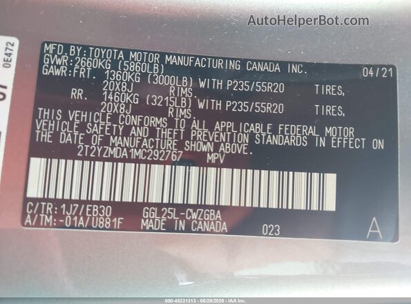 2T2YZMDA1MC292767 2021 LEXUS RX 350 Silver 