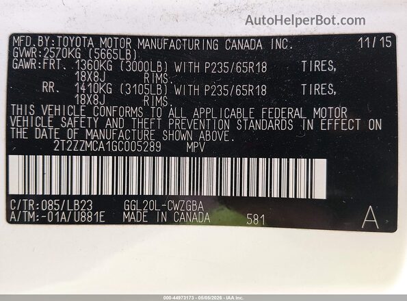 2T2ZZMCA1GC005289 2016 LEXUS RX 350 White Vista del compartimento del motor