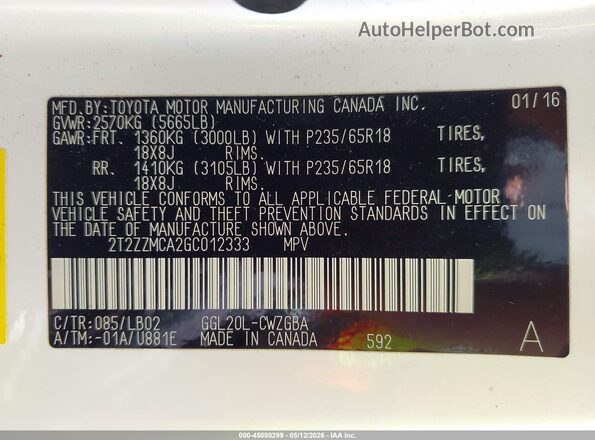 2T2ZZMCA2GC012333 2016 LEXUS RX 350 White Widok komory silnika