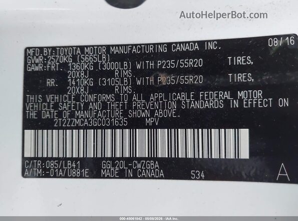 2T2ZZMCA3GC031635 2016 LEXUS RX 350 White Engine compartment view