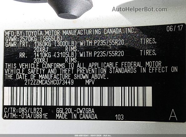 2T2ZZMCA5HC073449 2017 LEXUS RX 350 White Widok komory silnika