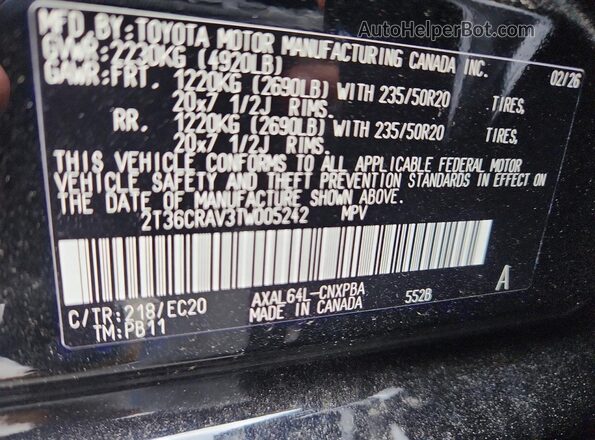 2T36CRAV3TW005242 2026 TOYOTA RAV4 Black Vista de la etiqueta del VIN