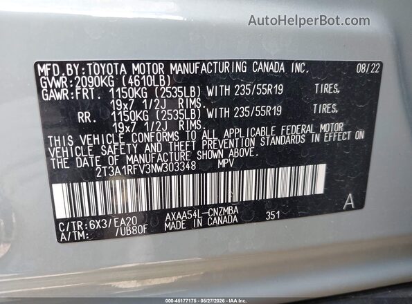 2T3A1RFV3NW303348 2022 TOYOTA RAV4 Gray Engine compartment view