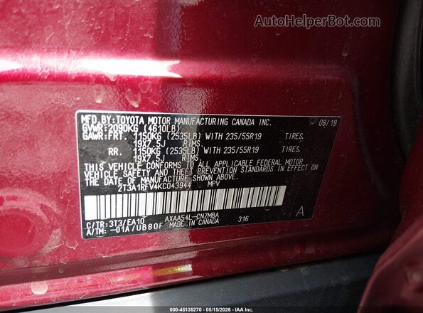 2T3A1RFV4KC043944 2019 TOYOTA RAV4 Red Engine compartment view