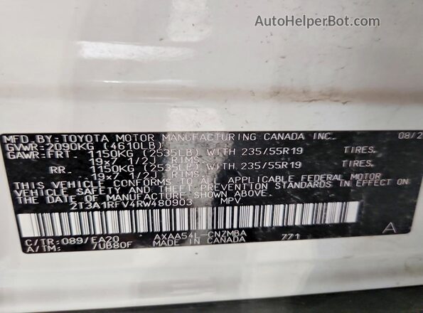 2T3A1RFV4RW480903 2024 TOYOTA RAV4 White VIN կոդի պիտակի տեսք