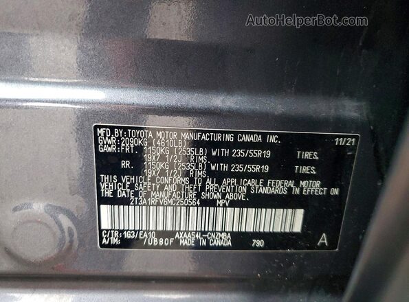 2T3A1RFV6MC250564 2021 TOYOTA RAV4 Gray Widok naklejki z numerem VIN