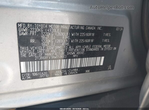 2T3B6RFV1RW059663 2024 TOYOTA RAV4 HYBRID Silver Вид підкапотного простору
