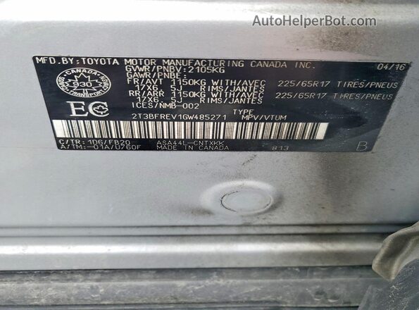 2T3BFREV1GW485271 2016 TOYOTA RAV4 Серебряный Панорамный вид салона 360°
