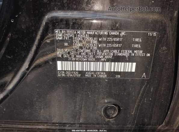 2T3BFREV2GW418808 2016 TOYOTA LE Black Vista del compartimento del motor