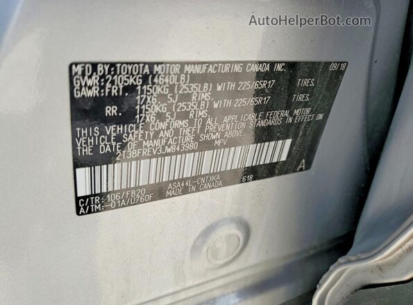 2T3BFREV3JW843980 2018 TOYOTA RAV4 Silver Շարժիչի բաժամունքի տեսք