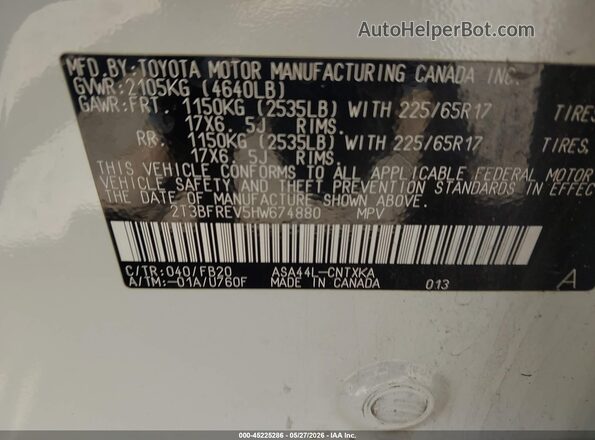 2T3BFREV5HW674880 2017 TOYOTA RAV4 White Շարժիչի բաժամունքի տեսք
