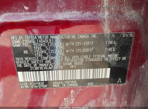 2T3BFREV6JW749768 2018 TOYOTA RAV4 Maroon Engine compartment view