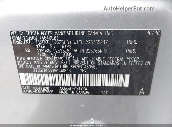 2T3BFREV7HW560816 2017 TOYOTA LE Silver 