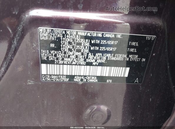 2T3BFREV7JW727892 2018 TOYOTA RAV4 Brown 