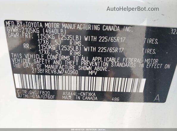 2T3BFREV8JW740960 2018 TOYOTA RAV4 White Вид підкапотного простору