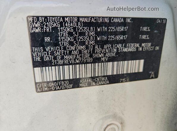 2T3BFREV8JW779189 2018 TOYOTA RAV4 White 
