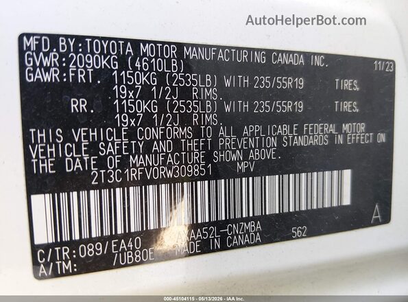 2T3C1RFV0RW309851 2024 TOYOTA LE White ძრავის განყოფილების ხედი