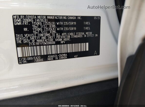 2T3C1RFV1SW398688 2025 TOYOTA LE White Vista del compartimento del motor