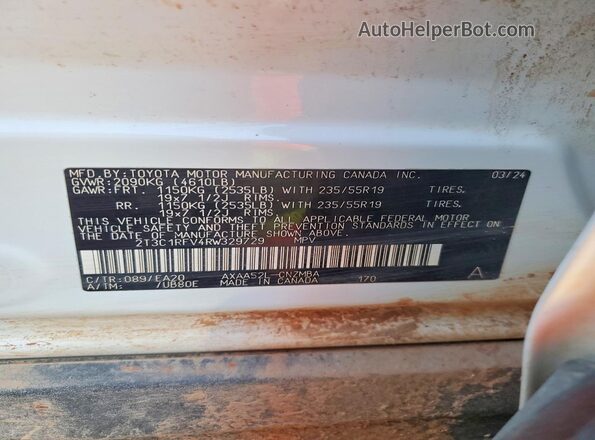 2T3C1RFV4RW329729 2024 TOYOTA RAV Белый Панорамный вид салона 360°