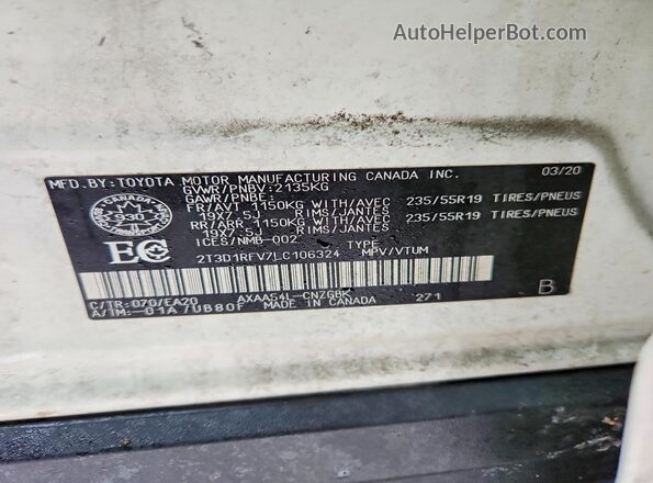 2T3D1RFV7LC106324 2020 TOYOTA LIMITED White Вид наклейки з VIN-кодом