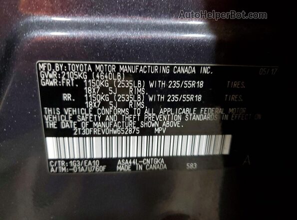 2T3DFREV0HW652875 2017 TOYOTA LIMITED Угольный Вид наклейки с VIN-кодом