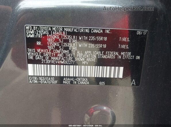 2T3DFREV4HW692277 2017 TOYOTA RAV4 Gray Vista del compartimento del motor