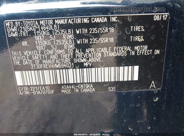 2T3DFREV4HW694031 2017 TOYOTA RAV4 Dark Blue Շարժիչի բաժամունքի տեսք