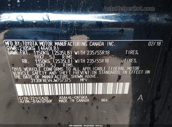 2T3DFREV4JW757375 2018 TOYOTA LIMITED Dark Blue Շարժիչի բաժամունքի տեսք