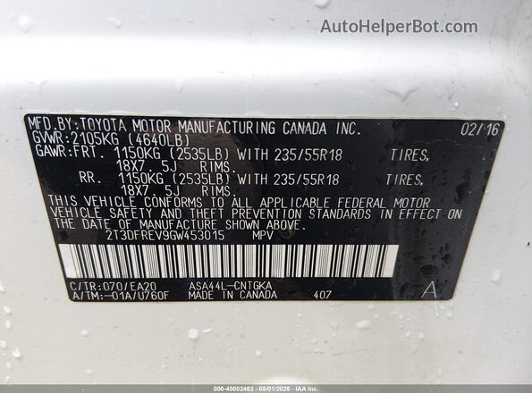 2T3DFREV9GW453015 2016 TOYOTA LIMITED White ძრავის განყოფილების ხედი