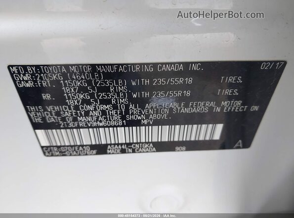 2T3DFREV9HW608681 2017 TOYOTA RAV4 White Vista del compartimento del motor
