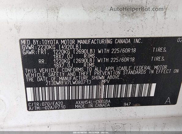 2T3DWRFV7LW080713 2020 TOYOTA RAV4 HYBRID White Vista del compartimento del motor