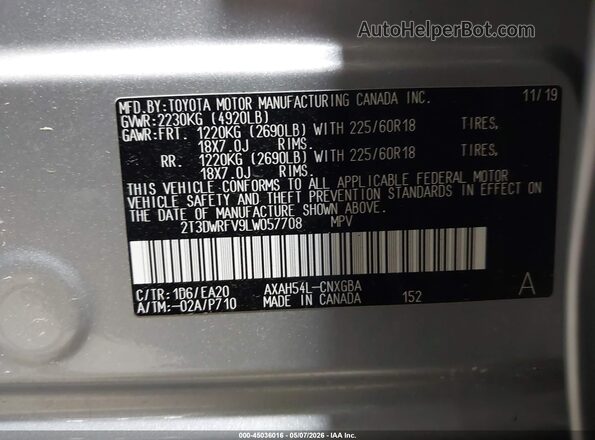 2T3DWRFV9LW057708 2020 TOYOTA LIMITED Серебряный Вид подкапотного пространства
