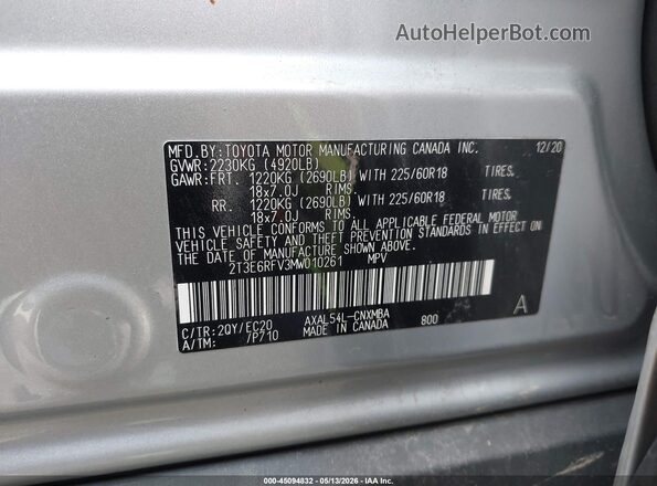 2T3E6RFV3MW010261 2021 TOYOTA RAV4 HYBRID Серебряный Вид подкапотного пространства