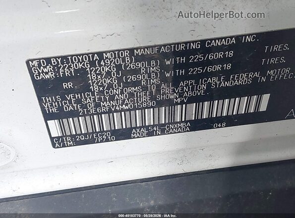 2T3E6RFV4MW015890 2021 TOYOTA RAV4 HYBRID White Engine compartment view