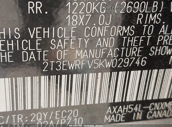 2T3EWRFV5KW029746 2019 TOYOTA RAV4 HYBRID Серебряный 