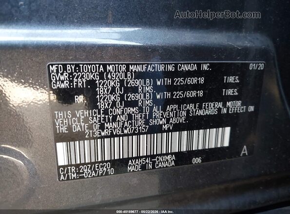 2T3EWRFV6LW073157 2020 TOYOTA RAV4 HYBRID Gray Engine compartment view