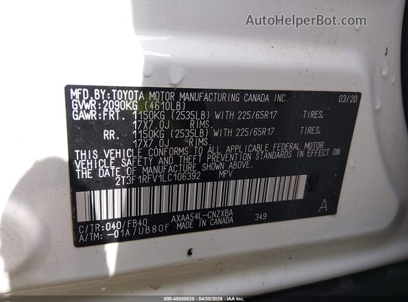 2T3F1RFV1LC106392 2020 TOYOTA LE White 