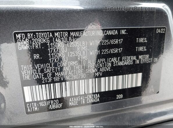 2T3F1RFV1NC280790 2022 TOYOTA LE Gray Engine compartment view