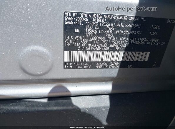 2T3F1RFV4KW044600 2019 TOYOTA LE Silver Vista del compartimento del motor